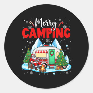 Prettig kerstfeest kamperende kerstman buiten spor ronde sticker