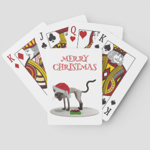 Prettig kerstfeest. Kat met kerstmuts Pokerkaarten