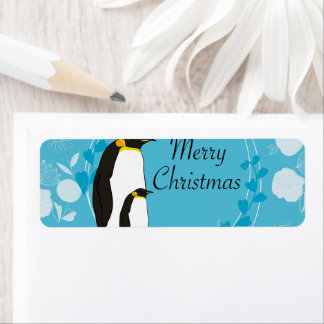 prettig kerstfeest, kerst,pinguïn,bloemen,blauw, etiket