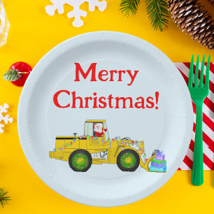 Prettig kerstfeest Kerstman in bulldozer brengt ca Papieren Bordje