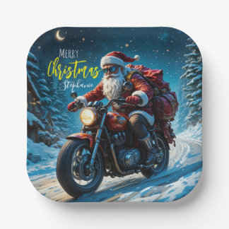 Prettig kerstfeest Kerstman op motor Papieren Bordje