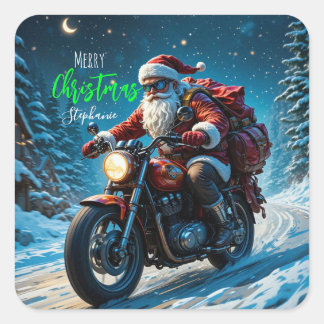 Prettig kerstfeest Kerstman op motorfiets Vierkante Sticker