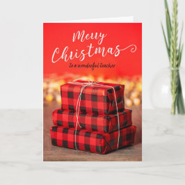 Prettig kerstfeest Leraar stapel cadeaus op rood  Feestdagen Kaart