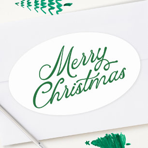 Prettig kerstfeest Lettering Groen en Wit Ovale Sticker