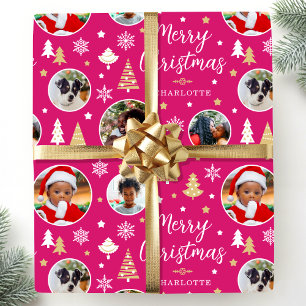 Prettig kerstfeest met foto, sierlijke bomen, roze cadeaupapier