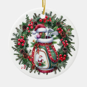 Prettig kerstfeest met golftas en kerstkrans keramisch ornament