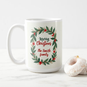 Prettig kerstfeest met krans en naam koffiemok