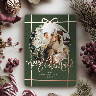 Prettig kerstfeest Modern Script Boog Groen 1 Foto Folie Feestdagenkaart