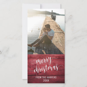 Prettig kerstfeest modern script rood rustiek hout feestdagenkaart