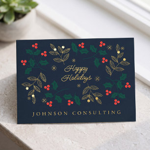 Prettig kerstfeest moderne kerst holly bessen folie feestdagen briefkaart