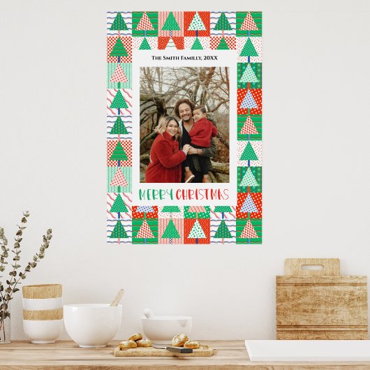 Prettig kerstfeest Moderne patchwork kerstbomen Poster (Keuken)