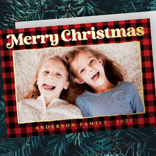 Prettig kerstfeest moderne ruitenpatroon familie f folie feestdagenkaart