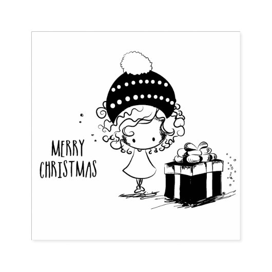 Prettig Kerstfeest Mooie Meisje met Cadeau Rubberstempel (Afrduk)