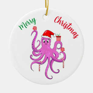 Prettig kerstfeest Paarse Kerstman Octopus Keramisch Ornament