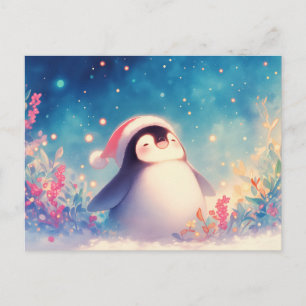 Prettig kerstfeest Pinguïn in winterbloementuin Briefkaart