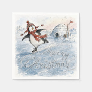 Prettig kerstfeest Pinguïn op schaatsen Servet