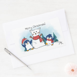 Prettig kerstfeest Pinguïns die een Sneeuwkat bouw Rechthoekige Sticker