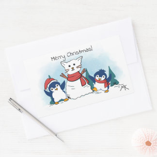 Prettig kerstfeest Pinguïns die een Sneeuwkat bouw Rechthoekige Sticker