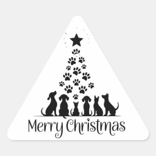 Prettig kerstfeest Poot Boom Hond Liefhebber Kat L Driehoek Sticker