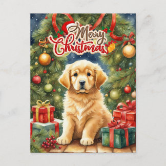 Prettig kerstfeest Puppy en kerstboom  Feestdagenkaart