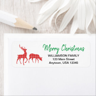 Prettig kerstfeest rendier rood geruit patroon etiket