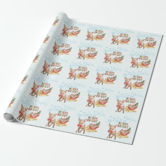 Prettig kerstfeest rendieren en slee van de kerstm cadeaupapier