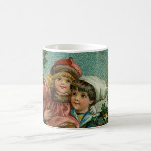 Prettig kerstfeest - retro ansichtkaart, kinderen, koffiemok
