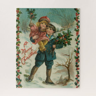 Prettig kerstfeest - retro ansichtkaart, kinderen, legpuzzel