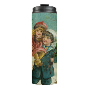 Prettig kerstfeest - retro ansichtkaart, kinderen, thermosbeker