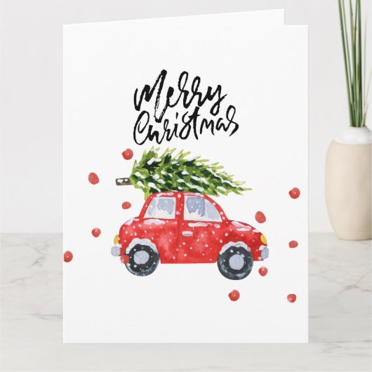 Prettig kerstfeest rode auto met kerstboom kaart (Voorkant)