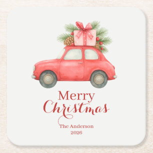 Prettig kerstfeest rode auto – Persoonlijke feestd Vierkante Kartonnen Onderzetter