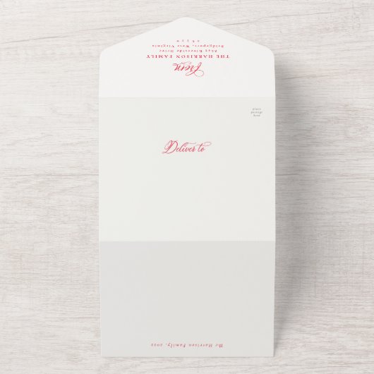 Prettig kerstfeest rode familie update drievoudige all in one uitnodiging (Buitenkant)