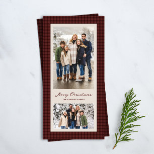 Prettig kerstfeest rode geruite lijst twee foto's feestdagenkaart