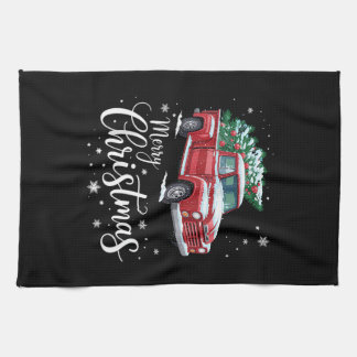 Prettig kerstfeest Rode vrachtwagen Familie Kerst Theedoek