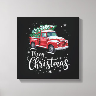 Prettig kerstfeest Rode vrachtwagen Familie Kerstm Canvas Afdruk