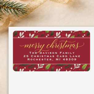Prettig kerstfeest Rood Goud Elegant Script Adres Etiket