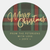 Prettig kerstfeest rood groene goud script ronde sticker (Voorkant)