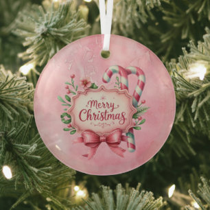 Prettig kerstfeest Roze Candy Canes Hulst Glas Ornament