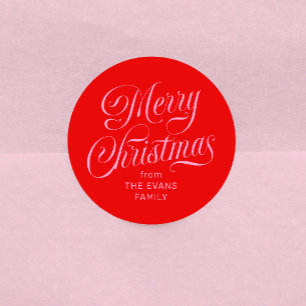 Prettig kerstfeest roze en rood gepersonaliseerd ronde sticker