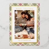 Prettig kerstfeest Roze Groen Geruit Tartan Foto Folie Feestdagenkaart (Voorkant)