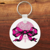 Prettig kerstfeest roze strik sleutelhanger (Voorkant)