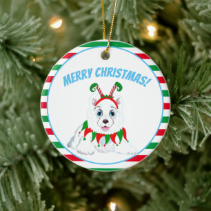 Prettig kerstfeest Samojeed met Elf hoofdtelefoon Keramisch Ornament