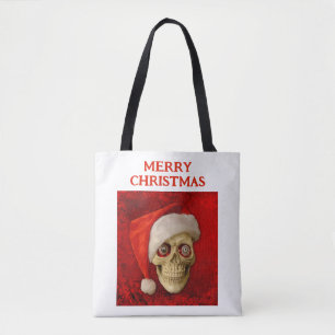 Prettig kerstfeest. Schedel met kerstmuts Draagtas