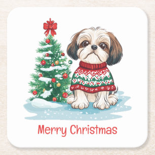 Prettig kerstfeest Shih Tzu hond Vierkante Kartonnen Onderzetter