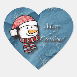 Prettig kerstfeest, sneeuwman met gebreide kleren hart sticker