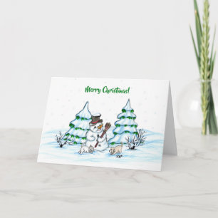 Prettig kerstfeest! Sneeuwman met Kat en Puppy Kaart