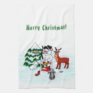 Prettig kerstfeest! Sneeuwman met vrienden Theedoek