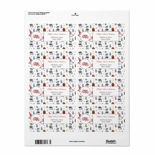 Prettig kerstfeest Sneeuwman Sneeuwvlokken Monogra Etiket (Full Sheet)