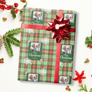Prettig kerstfeest Sneeuwvlokken Rood Groen Schots Cadeaupapier