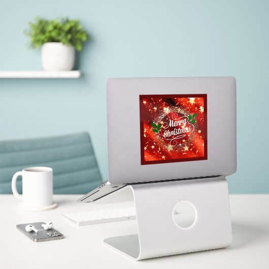 Prettig kerstfeest, sprankelend rood en goud ontwe sticker (Laptop op bureau)
